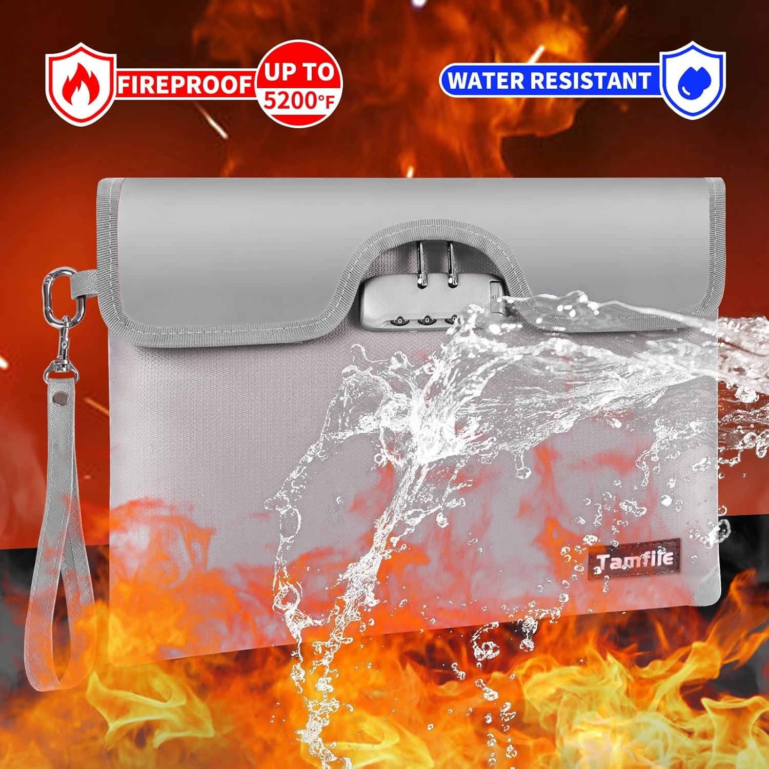 5200F Fireproof Money Bag with Lock, Waterproof Document Bag with Zipper, 8 Layers Fire Insulation, Safe Storage Pouch for Cash, Passport, Certificate (10" X 13", Silver)