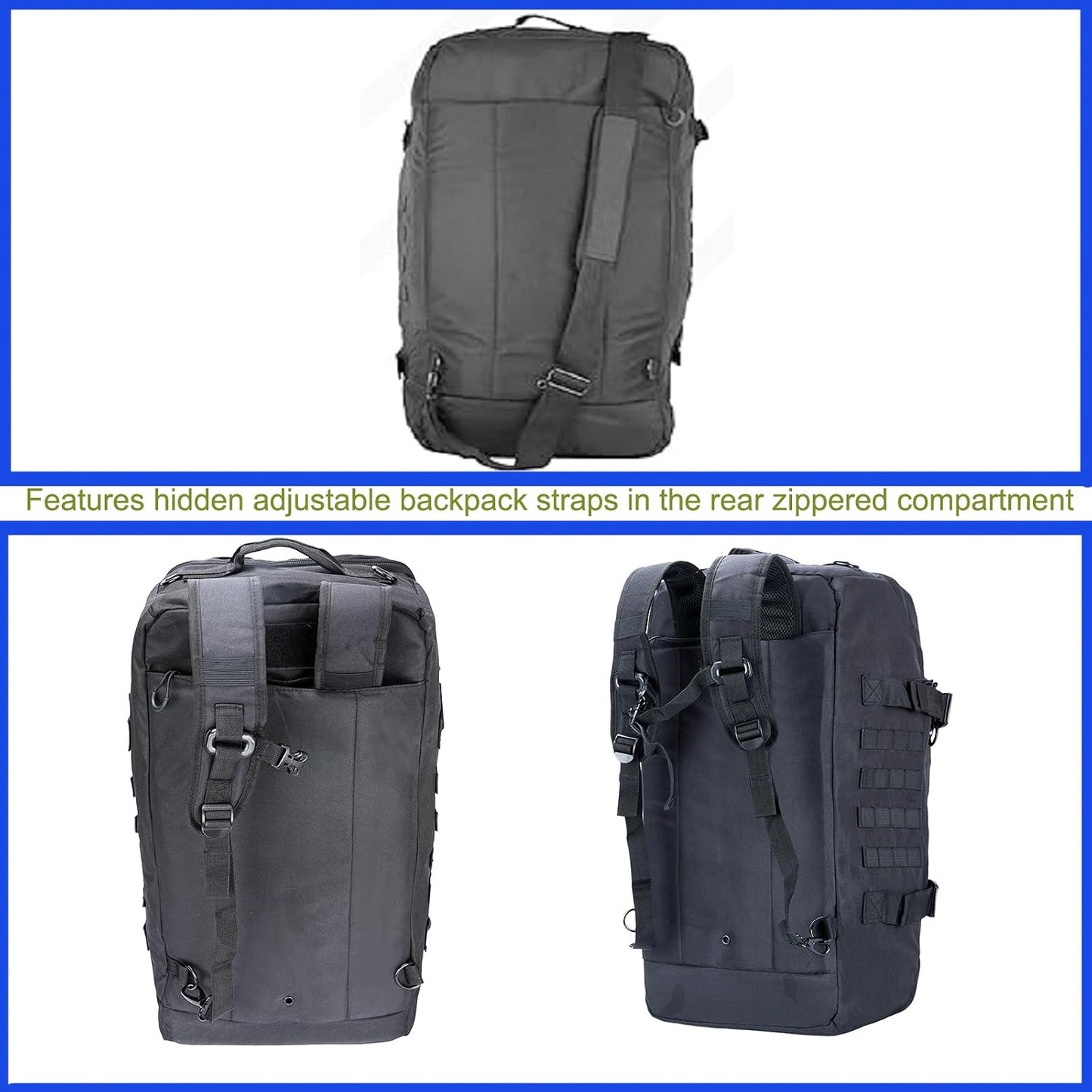 3 in 1 Tactical Travel Duffel Bag Backpack, Heavy Duty Gym Bag 45L,Black | Waterproof 600D Nylon, Internal Collapsible Dividers, Weekend Overnight Travel, Gym Workout,Military Bag,(23X12X9)In