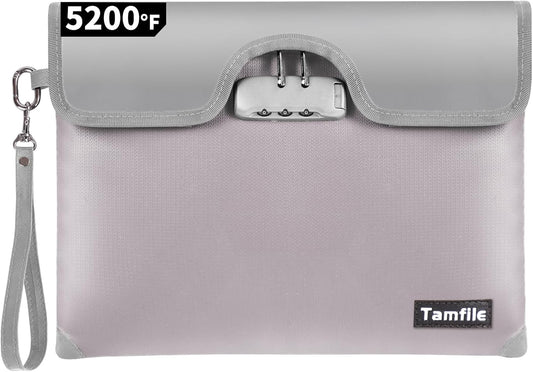 5200F Fireproof Money Bag with Lock, Waterproof Document Bag with Zipper, 8 Layers Fire Insulation, Safe Storage Pouch for Cash, Passport, Certificate (10" X 13", Silver)