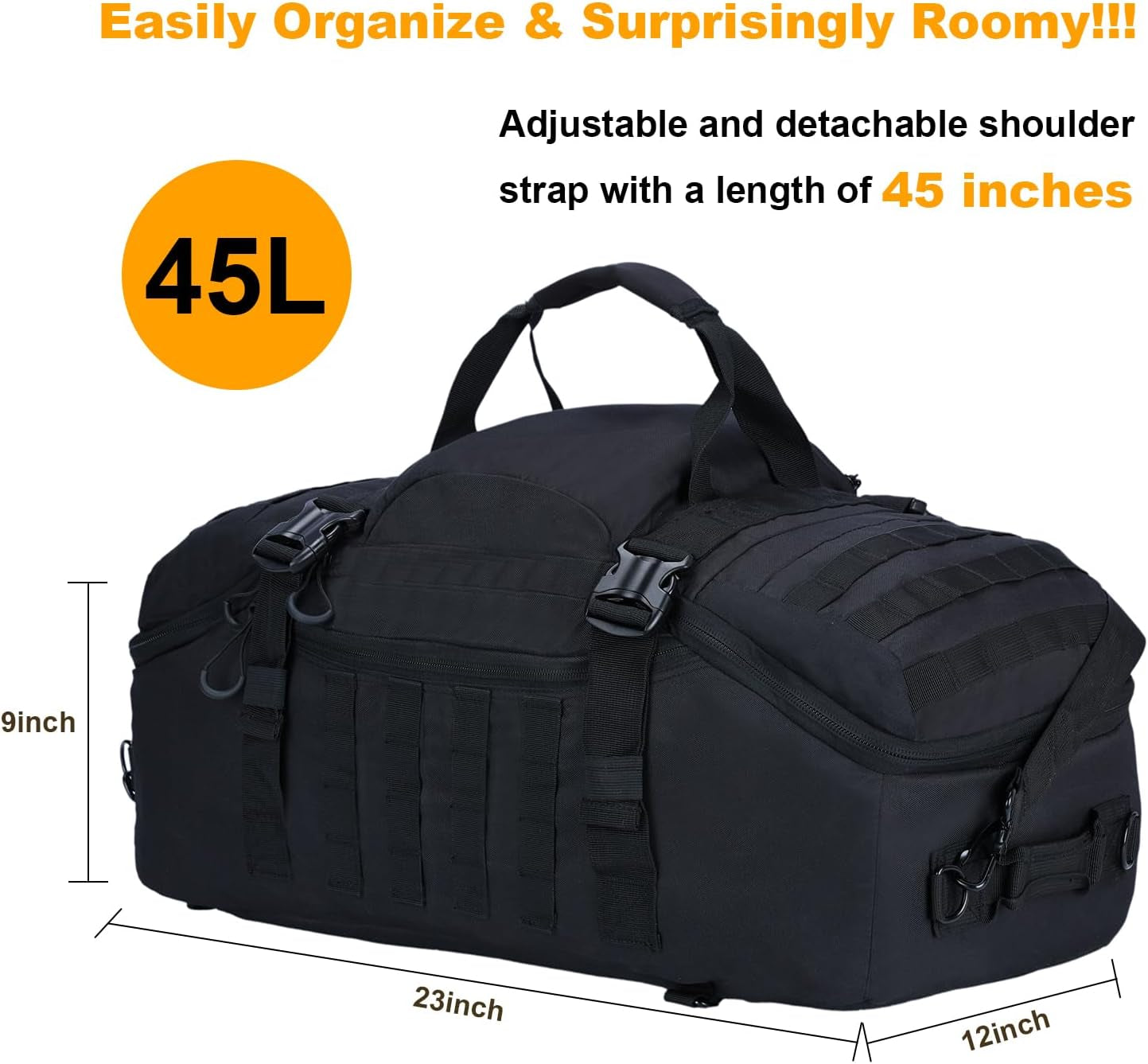 3 in 1 Tactical Travel Duffel Bag Backpack, Heavy Duty Gym Bag 45L,Black | Waterproof 600D Nylon, Internal Collapsible Dividers, Weekend Overnight Travel, Gym Workout,Military Bag,(23X12X9)In