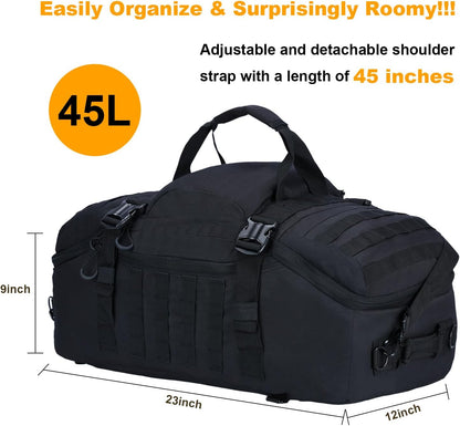 3 in 1 Tactical Travel Duffel Bag Backpack, Heavy Duty Gym Bag 45L,Black | Waterproof 600D Nylon, Internal Collapsible Dividers, Weekend Overnight Travel, Gym Workout,Military Bag,(23X12X9)In