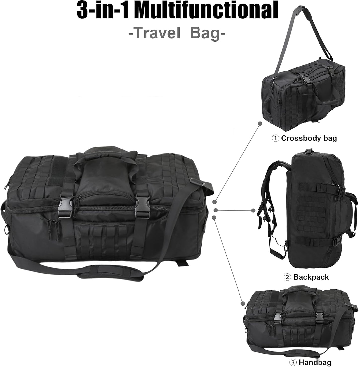 3 in 1 Tactical Travel Duffel Bag Backpack, Heavy Duty Gym Bag 45L,Black | Waterproof 600D Nylon, Internal Collapsible Dividers, Weekend Overnight Travel, Gym Workout,Military Bag,(23X12X9)In