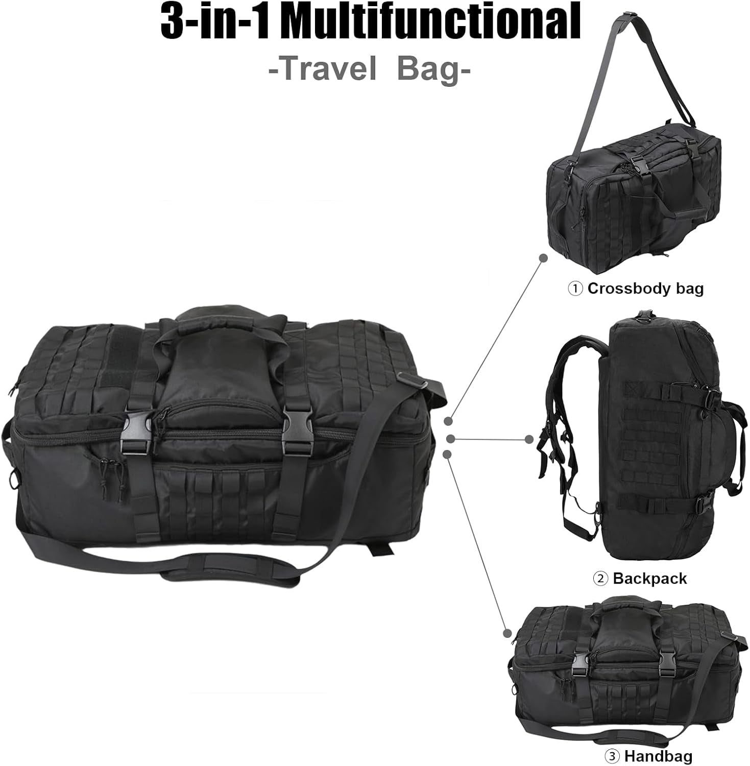 3 in 1 Tactical Travel Duffel Bag Backpack, Heavy Duty Gym Bag 45L,Black | Waterproof 600D Nylon, Internal Collapsible Dividers, Weekend Overnight Travel, Gym Workout,Military Bag,(23X12X9)In