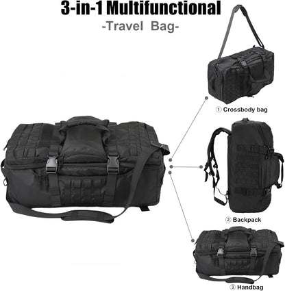 3 in 1 Tactical Travel Duffel Bag Backpack, Heavy Duty Gym Bag 45L,Black | Waterproof 600D Nylon, Internal Collapsible Dividers, Weekend Overnight Travel, Gym Workout,Military Bag,(23X12X9)In